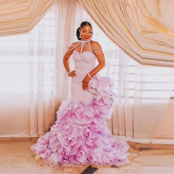 Partykleider Rosa Aso Ebi Afrikanischer Abschlussball mit Perlen verziert Stehkragen Rüschen Sweep Zug Abendkleider Reißverschluss hinten Plus Size Hochzeitskleid