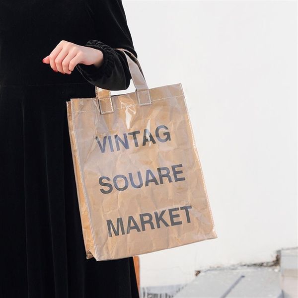 Piled Kraft Paper Tote Alışveriş Çantaları Vintage Mektup Büyük Kapasiteli Su Geçirmez Omuz Çantası Çanta ve Çantalar T200915230L