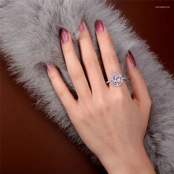 Anéis de cluster elegante gota de prata para mulheres pedra rosa 3ct amor noivado promessa coração anel de casamento designer gemstone jóias presente