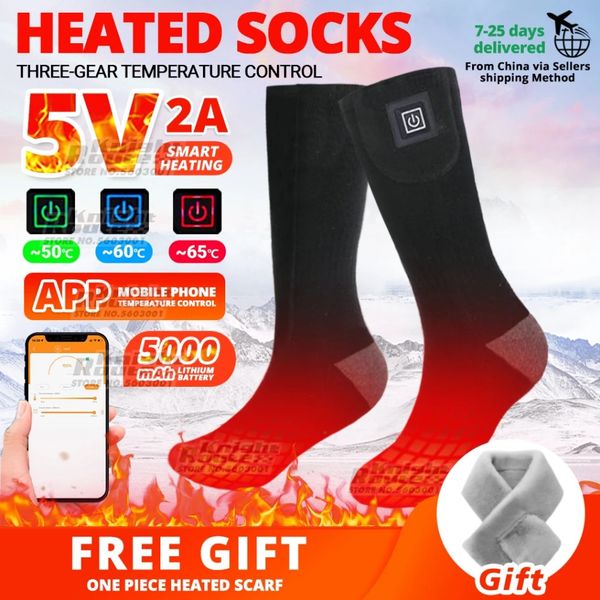 Спортивные носки с подогревом, 5500 мАч, управление через приложение с батареей USB, перезаряжаемые носки для лихорадки, термогрелка для ног с подогревом, лыжная зима 231215