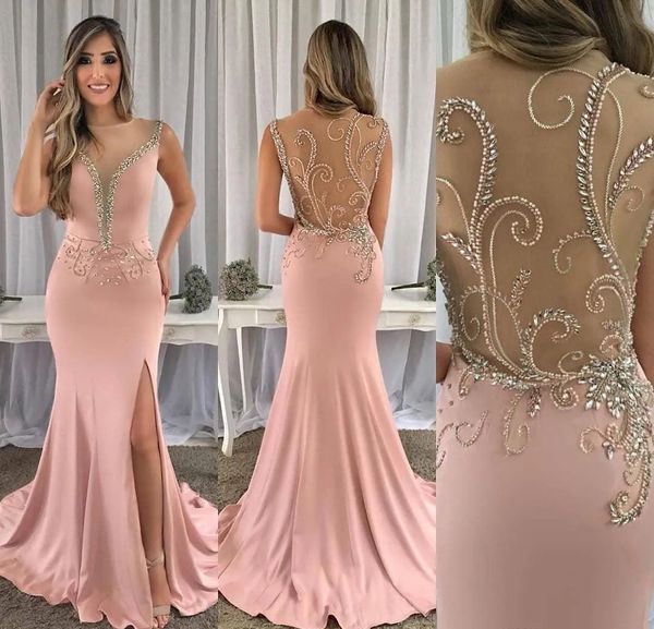 Elegantes neues Design Rosa Abendkleid 2024 Illusion V-Ausschnitt Perlen Kristall Meerjungfrau Arabisch Dubai Abschlussball Geburtstag Partykleid Vestidos De Longo