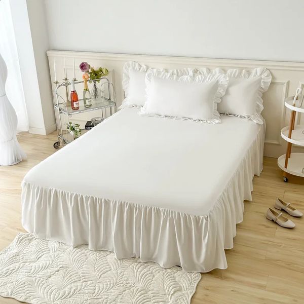 Saia de cama cor sólida renda babados 1 pçs capa de cama do quarto saia de cama antiderrapante capa de colchão lençol colcha 231214