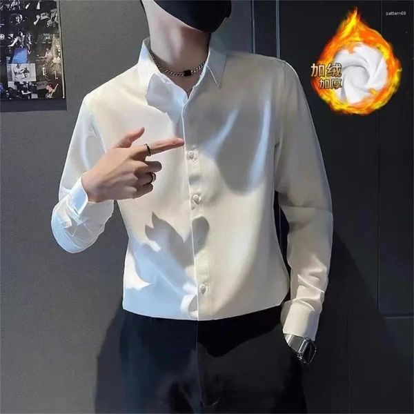 Camisas de vestido masculinas outono/inverno camisa de lã elástica manga longa moda coreana magro versátil cor sólida casual branco blusa quente