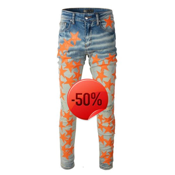 Sconto di Natale 50 di scontoJeans Uomo Per ragazzi Pantaloni skinny da uomo slim fit Toppe con stelle arancioni Indossando Biker Denim Stretch Cult Motorcycle Trendy Straight Hip Hop Wi