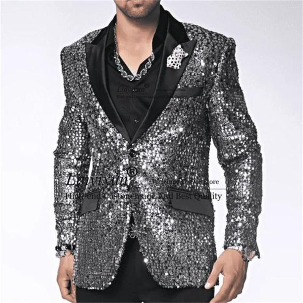 Erkekler Kıyafet Sequin Sliver Düğün Damat Smokin Tepeli Yaku Erkekler 2 Parça Setleri Akşam Yemeği Partisi Erkek Balo Blazers İnce Koustome Homme