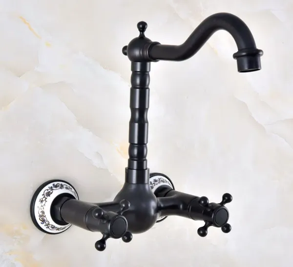 Rubinetti per lavandino del bagno Doppia maniglia Doppio foro Montaggio a parete Rubinetto per lavabo Olio in bronzo lucidato Vanity Cucina Miscelatori acqua fredda Dnf851