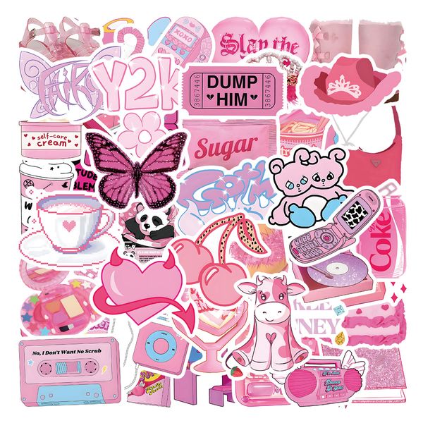 Confezione da 55 adesivi in PVC impermeabile rosa dolce Y2K cartoon graffiti per frigorifero, auto, valigia, laptop, notebook, tazza, telefono, scrivania, bicicletta, skateboard.