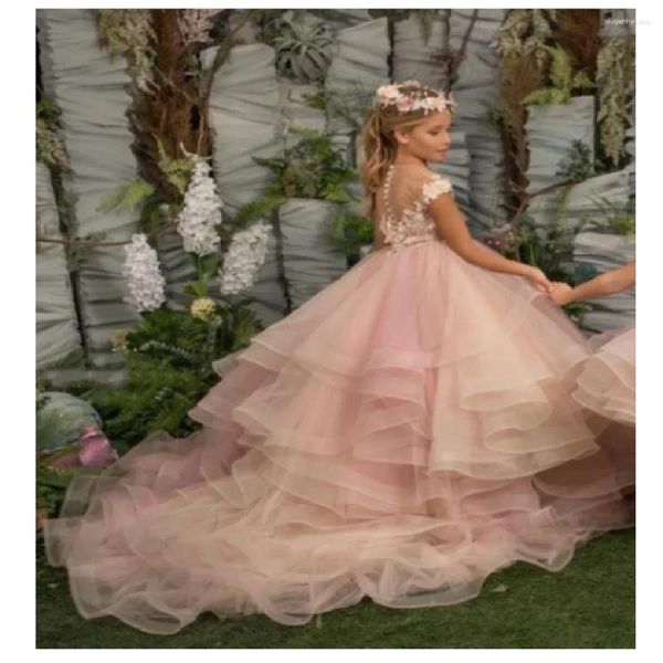 Abito da ragazza Bellissimo abito fiorito in pizzo floreale pplique per bambini abiti da festa per bambini vestiti principessa Primo compleanno di compleanno