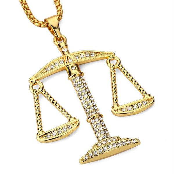 Justiça equilíbrio escalas pingente colar moda cor de ouro charme masculino feminino cz pedra strass cristal hiphop jóias Alloy279w