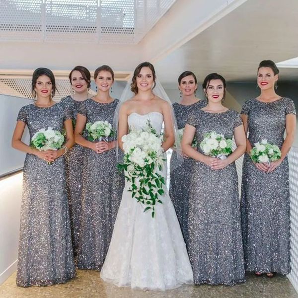 Glitter longo lantejoulas vestidos de dama de honra mangas curtas em linha reta vestido de convidado de casamento para as mulheres até o chão ocasião formal vestido de baile 2024