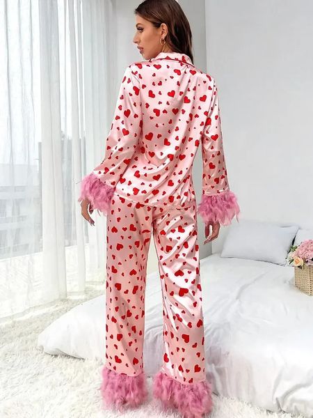 Calças femininas de duas peças clássico coração impressão natal pijama conjunto dia dos namorados manga longa botões topo sleepwear loungewear 231215