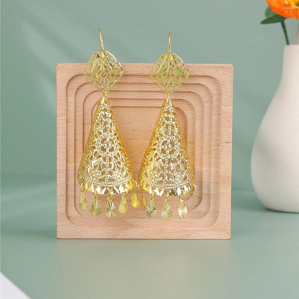 Orecchini pendenti placcati in oro modello vuoto da sposa a forma di tromba design stile etnico gioielli in metallo per orecchini per feste di nozze