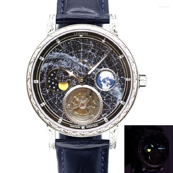 Relógios de pulso Super Mens Automático Tourbillon Relógio Mecânico Luminoso Dial Via Láctea 3D Girar Terra Moonphase Business Masculino Relógios de Pulso