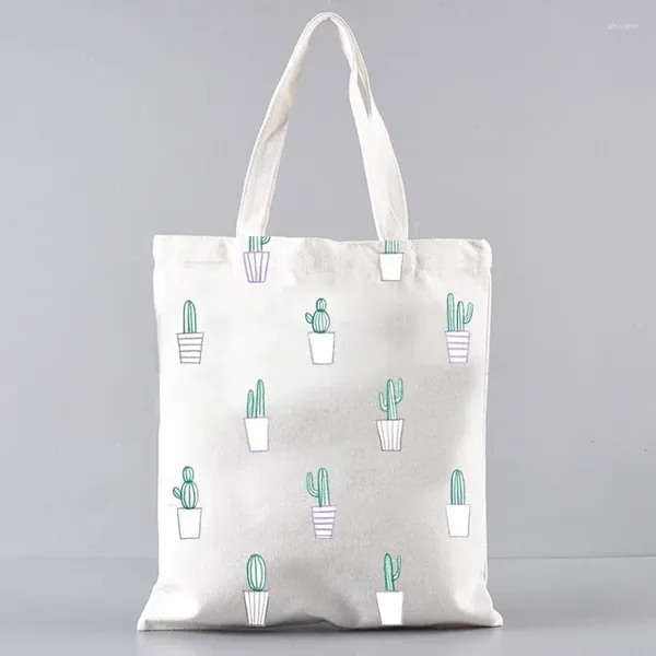 Sacos de compras dos desenhos animados cactus grande capacidade de armazenamento sacola mulher shopper lona ombro eco-friendly lavável bolsa