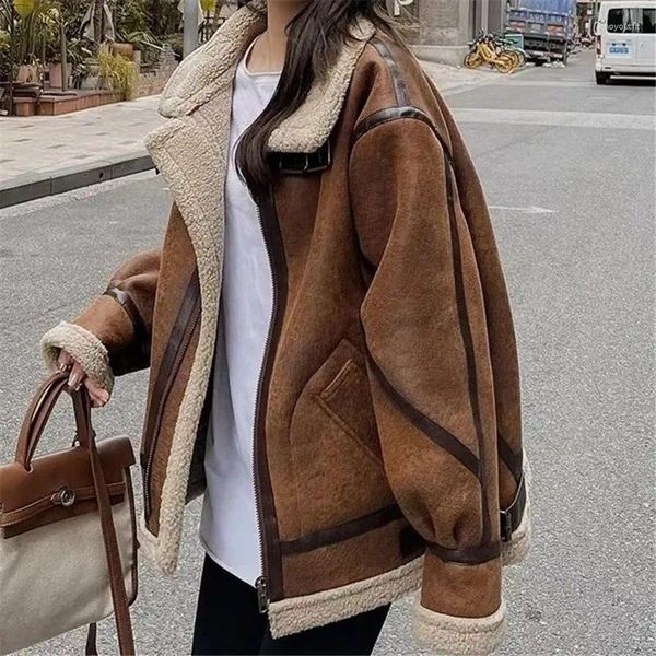 Pele de carneiro inverno das mulheres jaqueta de couro de camurça falsa feminino cordeiro shearling outwear manga longa com zíper curto casaco de motociclista feminino g3087