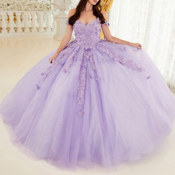 Romantik Kelebek Leylak Lavanta Quinceanera Omuz Kaftan Boncuklu Dantelli Korsa Prom Tatlı 16 Elbise Vestidos