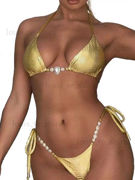 Kadın Mayo Parlak Yılan Skin Cilt Halter Mücevherli Elmas Bikini Kadın Mayo Kadın Mayo İki Parçalı Bikini Seti Brezilya Yuva Takım T231215
