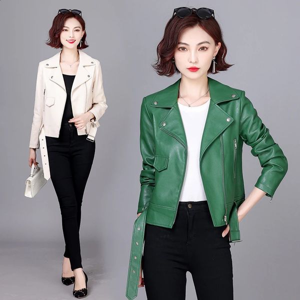 Cappotto da donna in pelle finta giacca 2023 Autunno S3XL Abbigliamento da moto Donna Breve Slim Giacche e cappotti da donna Verde 231214