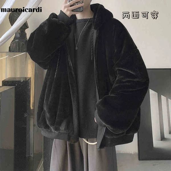 Herren Pelz Kunstpelz Mauroicardi Winter Übergroßer Schwarzer Warmer Dicker Parka mit Fell Innenkapuze Langarm Koreanischer Mode Herren Wendepelzmantel 231215