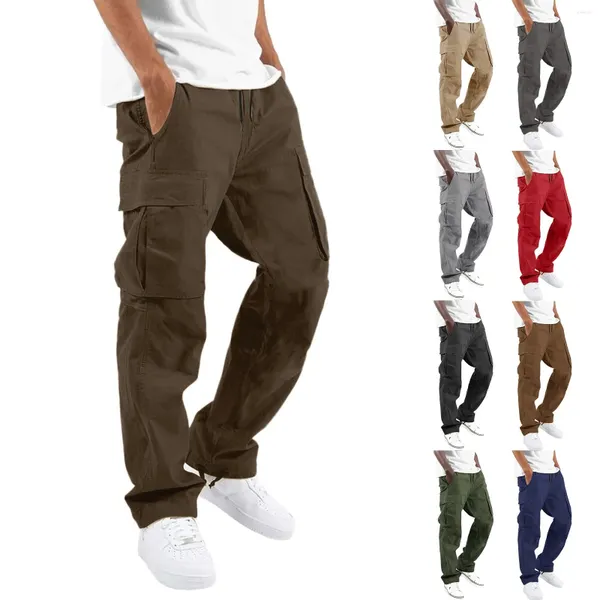 Erkekler pantolon Vintage kargo gündelik bel renkli spor şapkası çok dokuma cep ayak ipi katı adam moda sokak kıyafetleri 2023