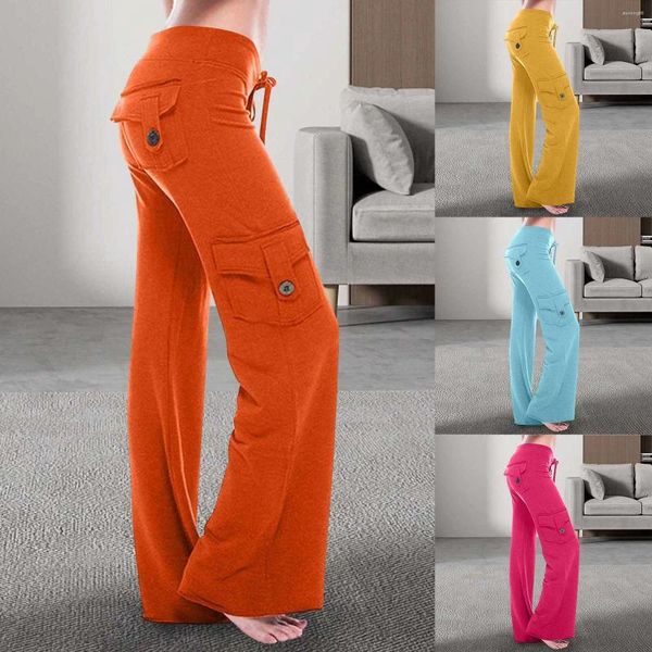 Calças femininas casuais botão sólido micro flare multi bolso cordão calças esporte perna larga esportes legal sweatpants