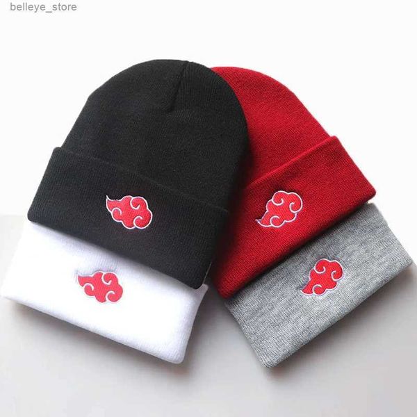 Beanie/Kafatası Kapakları 2022Beanies Kadınlar Sonbahar Kış Sıcak Şapka Anime Akatsuki Cosplay Kırmızı Bulut Nakış Kapakları Erkekler için Bonnet Unisexl231212