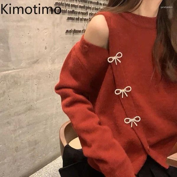 Kadın Sweaters Kimotimo Kapalı Omuz Yay Pin Düğmesi Sweater Kadınlar 2023 Sonbahar Kış O yaka gevşek kazaklar tatlı yumuşak uzun kollu