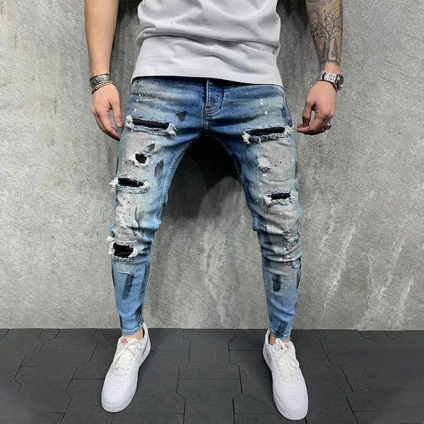 Мужские джинсы, новый модный дизайн, облегающие джинсы с отверстиями, мужские узкие джинсовые брюки с разрывом краски, повседневные джинсовые брюки с полой молнией 231215