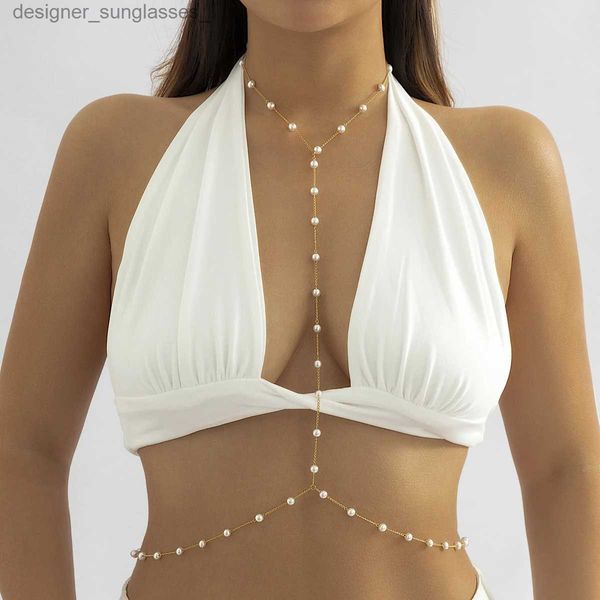 Outros acessórios de moda Salircon Moda Imitação Pérola Corrente de Metal Cross Colar Belly Chain para Mulheres Sexy Bikini Summer Beach Bo JewelryL231215