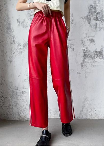 Pantaloni da donna Moda autunnale Banda laterale in vera pelle di alta qualità Gamba larga B284