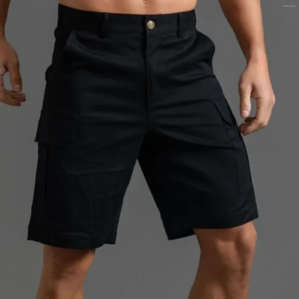 Erkek Şort Moda Yüksek Bel Düğmeleri Trunks Yaz İnce Fit Siyah Diz Uzunluğu Erkek Giyim Geniş Bacak Kısa