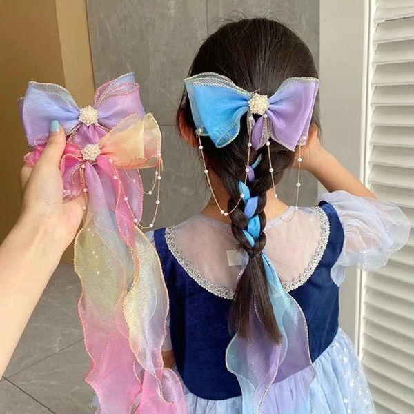 Accessori per capelli Fiocco super lungo Clip per bambini Nappe di perle Nastri Forcine intrecciate Copricapi Estate Ragazze Principessa