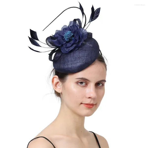 Fascinator di piume di lino a 4 strati blu scuro Sinamay Cappello da modisteria in maglia da sposa Accessori femminili Copricapo da donna elegante