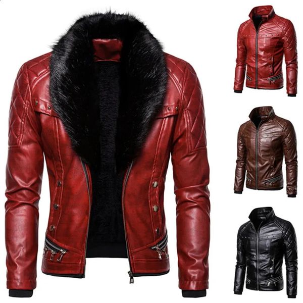 Männer Jacken Design Motorrad Bomber Hinzufügen Wolle Leder Jacke Männer Herbst Drehen Unten Pelz Kragen Abnehmbare Slim Fit Männlich warme Pu Mäntel 231214