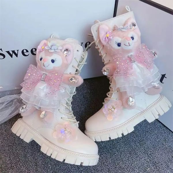 Stiefel Mädchen Hohe 2023 Winter Cartoon Süße Plüsch Prinzessin Kinder Weiß Mode Baumwolle Ritter 231215