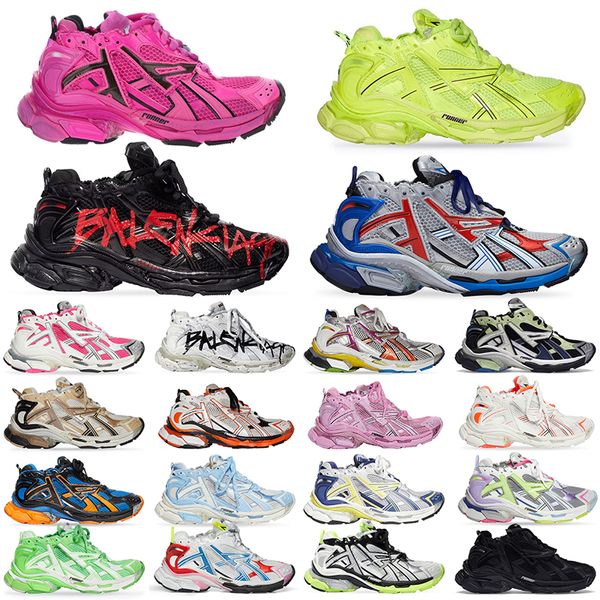 2024 Top OG Track Runners 7.0 Mulheres Mens Vestido Sapatos Graffiti Preto Fluo Verde Borgonha Couro Livre Cinza Luz Roxo Neon Amarelo Branco Plataforma Sapatilhas Treinadores