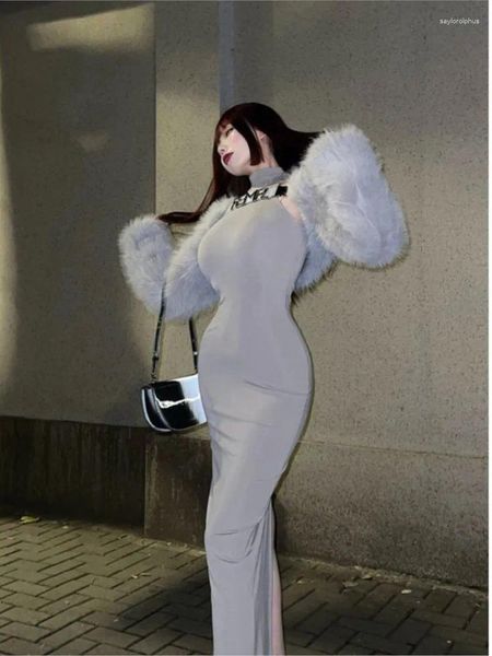 Abiti da lavoro moda coreana 2023 autunno inverno vestito da donna completo di pelliccia sintetica giacca calda sexy slim midi set a due pezzi abbigliamento femminile