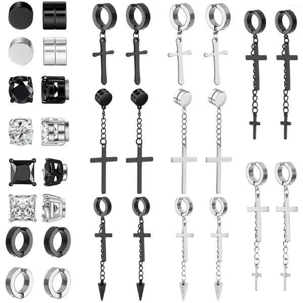 Ohrstecker, 16 Paar, Schwarz, Silber, Edelstahl, CZ, magnetisch, zum Anklipsen, nicht durchdringend, Kreuz-Creolen-Ohrhänger-Set