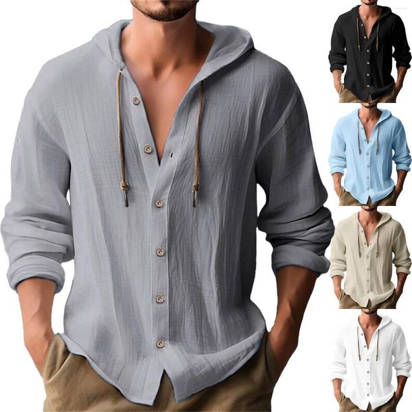 T-shirt da uomo abbottonate a maniche lunghe in cotone tinta unita e camicia con cappuccio in lino