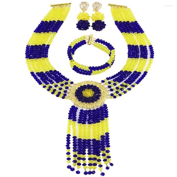 Collana di orecchini set blu reale giallo cristallo perline africane matrimonio nigeriano per donne 6CXLS09