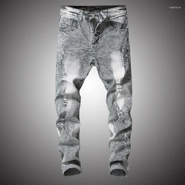 Pantaloni da uomo Hip Hop Denim Uomo Pantaloni strappati con foro Casual Streetwear Slim Fit 2023 Pantaloni moda Plus Size Grigio Albicocca S247