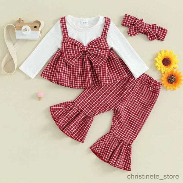 Set di abbigliamento Neonata Abiti autunnali Plaid Bowknot Girocollo Manica lunga Top Pantaloni svasati lunghi Fascia 3 pezzi Set di vestiti R231215