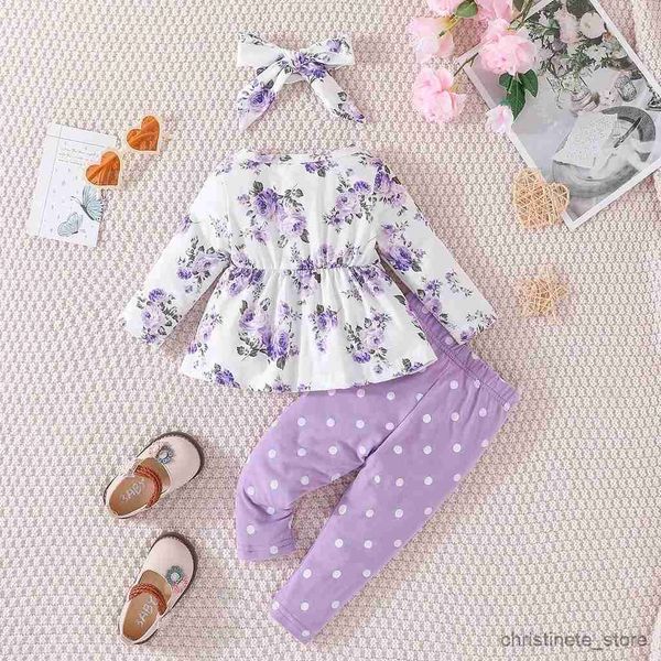 Set di abbigliamento Set di abbigliamento per bambina 6-36 mesi Camicetta a maniche lunghe con fiocco floreale sul davanti e pantaloni lunghi Completo a pois per neonato R231215