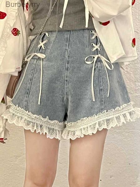 Shorts femininos doce lolita jeans vintage elegante fofo feminino renda patchwork laço cintura alta calças curtas babados shorts de perna larga lolitaL231215