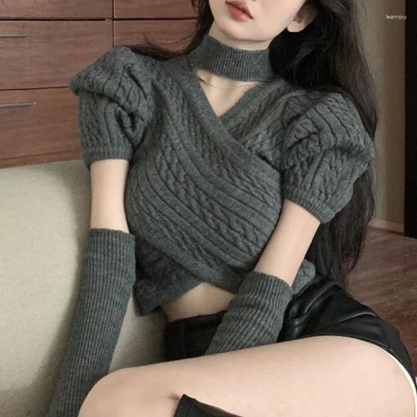 Kadın Sweaters 2023 Sonbahar Kış Koreli Moda Retro Yumuşak Kaşmir Vida İplik Süvari Çıkarılabilir Puf Kılıf İnce Kazak Üstler