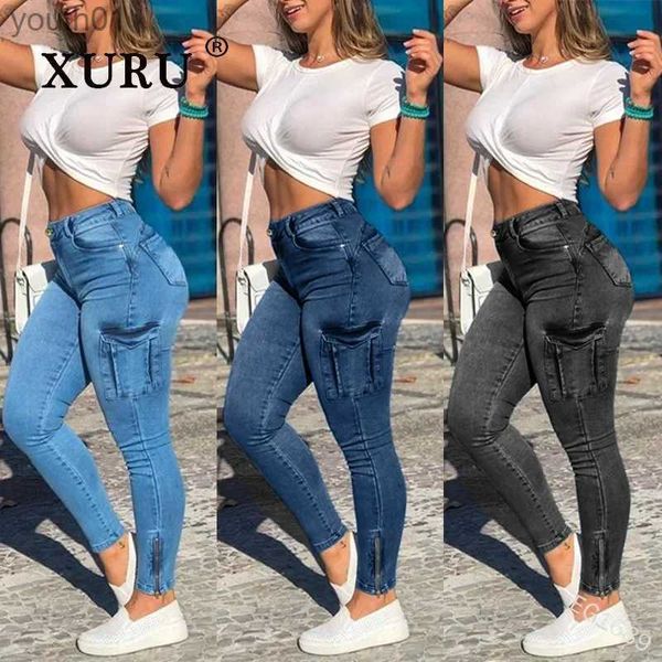Женские джинсы XURU - европейские и американские новые карманные полированные белые старые джинсы Женская одежда Сексуальное рабочее платье на молнии Маленькие леггинсы Брюки7-1689 zln231215