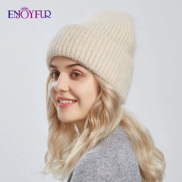 BeanieSkull Caps Enjoyfur Quente Angora Lã Chapéus Para Mulheres Macio Grosso Feminino Inverno Malha Caps Moda Wide Cuffed Plain Rússia Ski Brand Beanie 231215