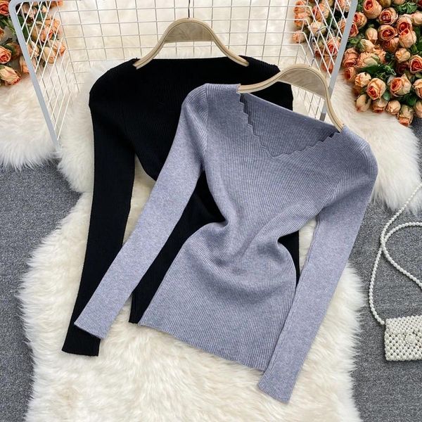 Damenpullover 2023 Herbst Winter V-Ausschnitt elastisches gestricktes Unterhemd für Frauen Unterwäsche Slim Fit Frühlingspullover langärmeliges kurzes Oberteil