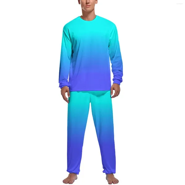 Herren-Nachtwäsche, bedruckte Pyjamas für Männer, Neonblau, Kawaii-Nachtwäsche, Winter, langärmelig, 2-teilig, Home-Grafik-Pyjama-Sets