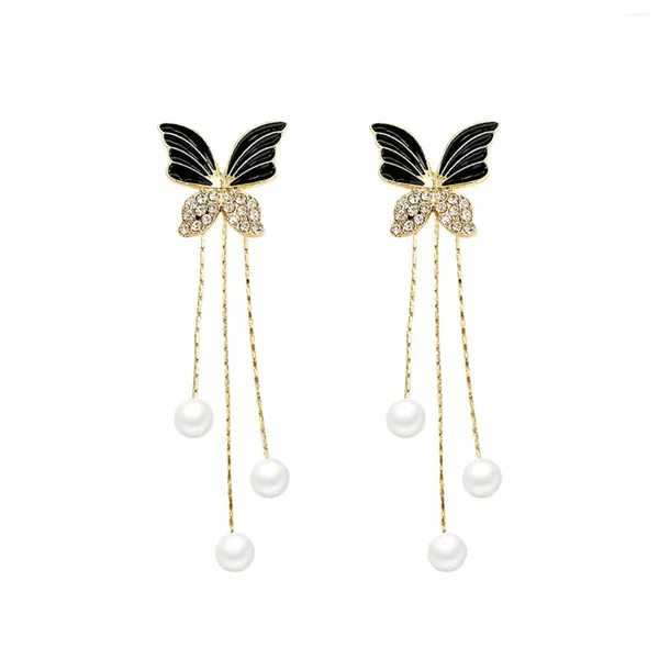Orecchini a bottone Dolce farfalla nera Perle Nappa di cristallo per le donne Moda coreana Delicato regalo per gioielli a goccia lunga